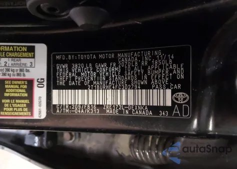 2015 Toyota Corolla Le Plus from USA, damaged, VIN 2T1BURHE4FC302794